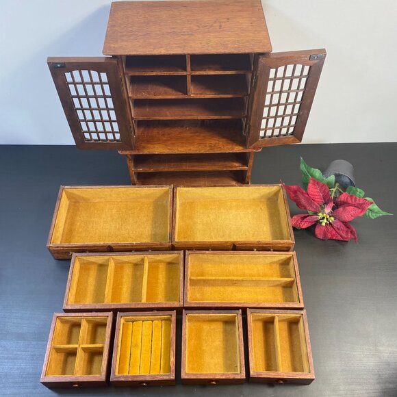 Vintage Wood Jewelry Box, 10 Drawers, Miniature Hutch Display Storage, Spice Cab - Picture 3 of 10
